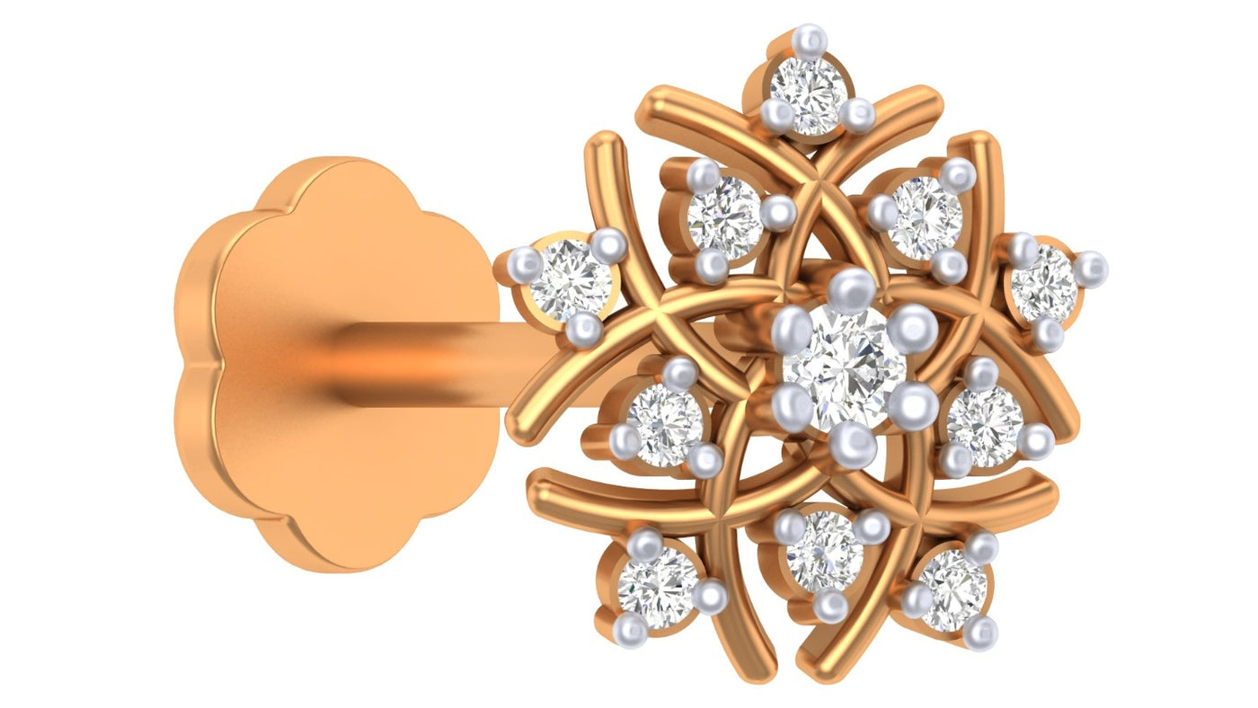 Yellow Gold and diamond stud nose pin-like stones on a white background