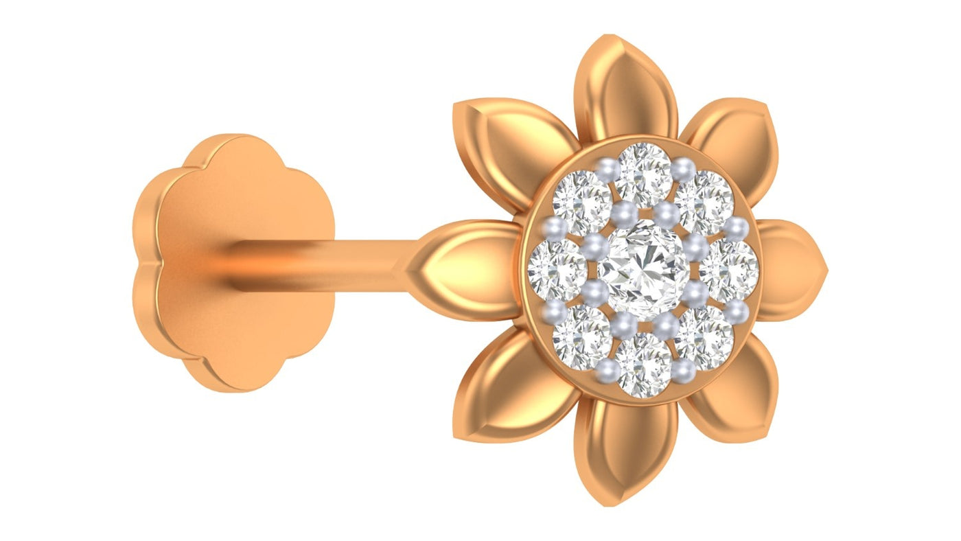 yellow gold and diamond nose pin with diamond center on a white background