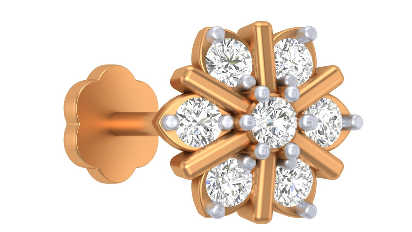 Yellow gold and diamond stud nosepin with floral-shaped on a white background.