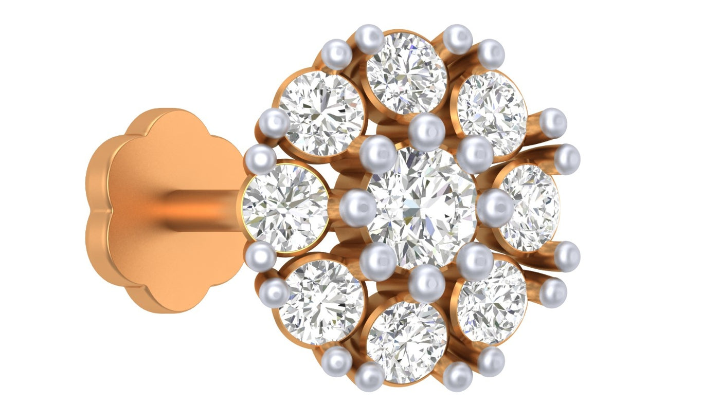 yellow gold and diamond stud nose pin with diamond-like stones on a white background