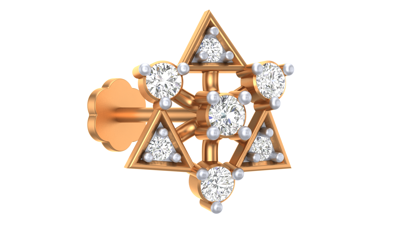 Yellow gold and diamond stud nose pin accents on a white background