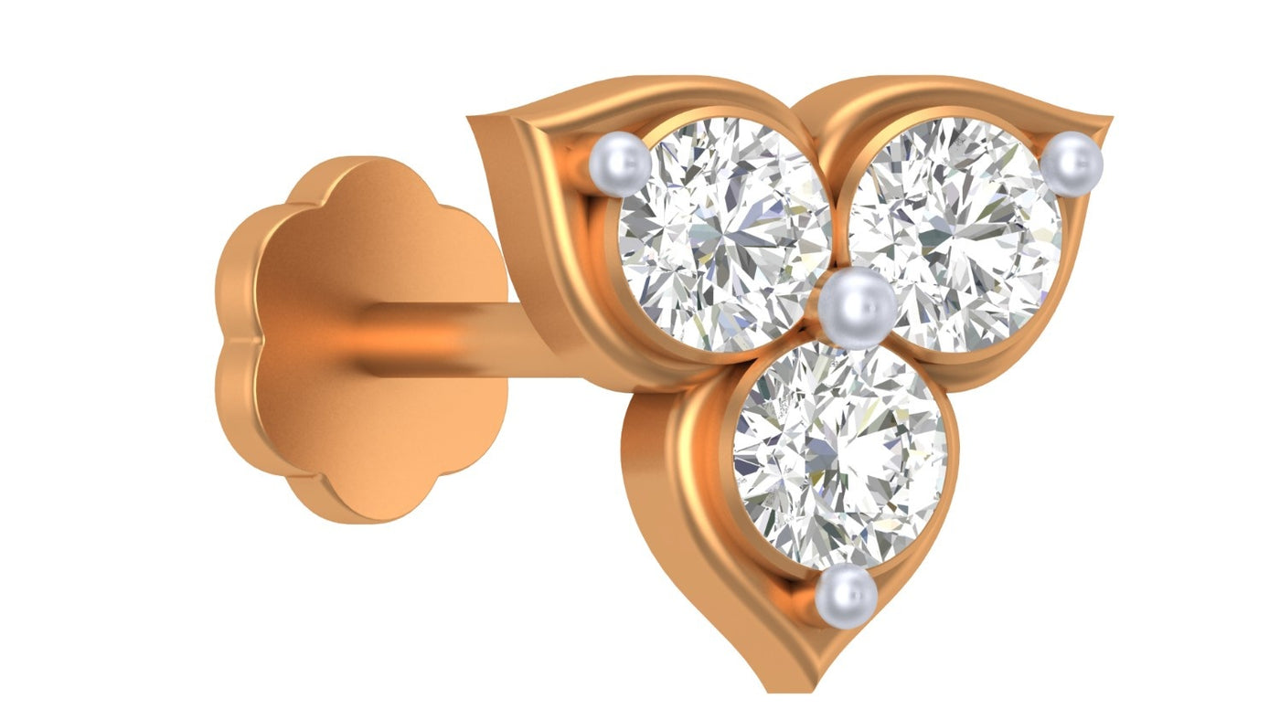 A yellow gold and diamond stud nose pin featuring three heart-shaped settings with round-cut clear gemstones and small pearl-like accent beads, shown on a plain white background.