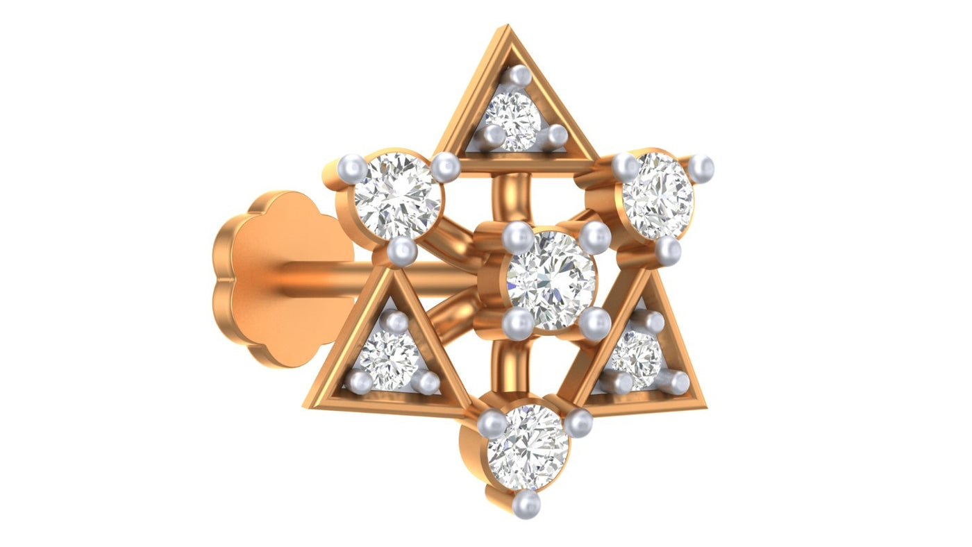 yellow gold and diamond stud nose pin accents on a white background