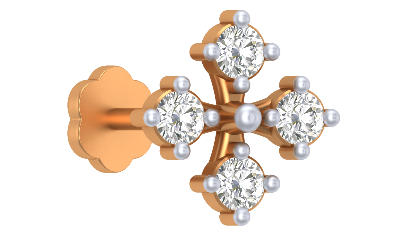 Yellow gold and diamond stud nose pin with clear gemstones on a white background