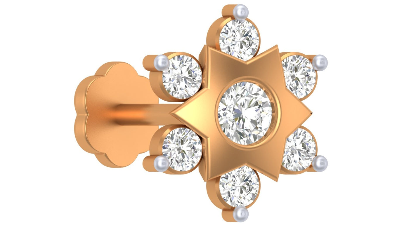 Yellow gold and diamond stud nosepin with diamonds on a white background
