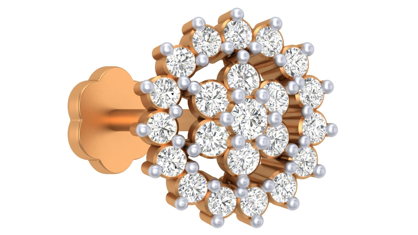 yellow gold and diamond stud nose pin with clear gemstones on a white background