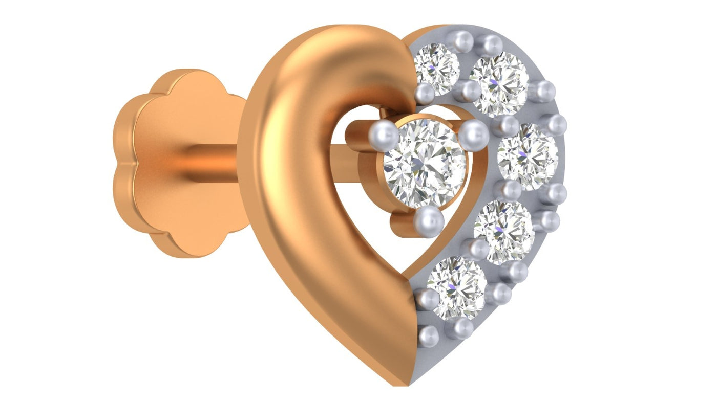 Heart-shaped Yellow gold and diamond heart nose pin with embedded diamonds on a white background
