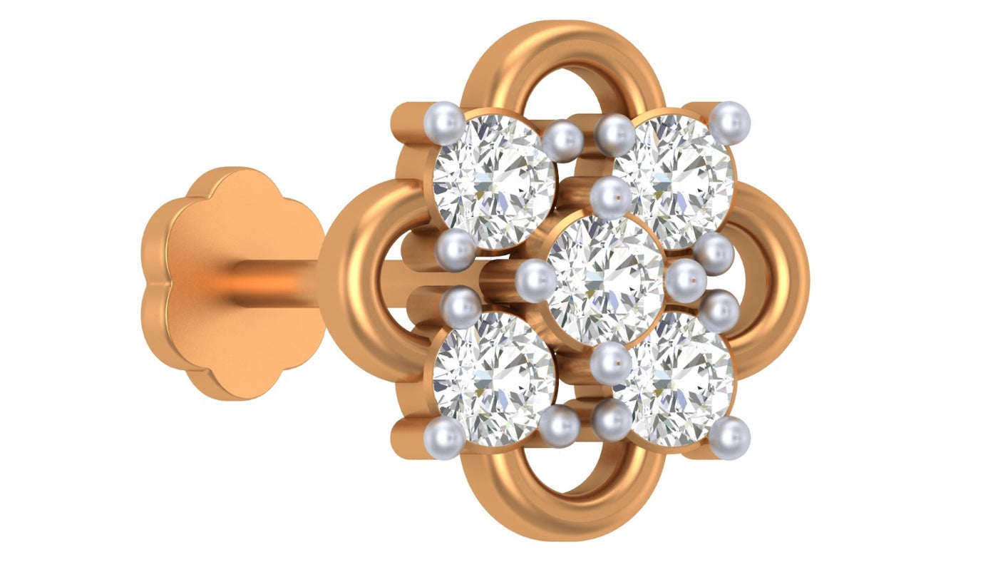 yellow gold and diamond stud nose pin on a white background