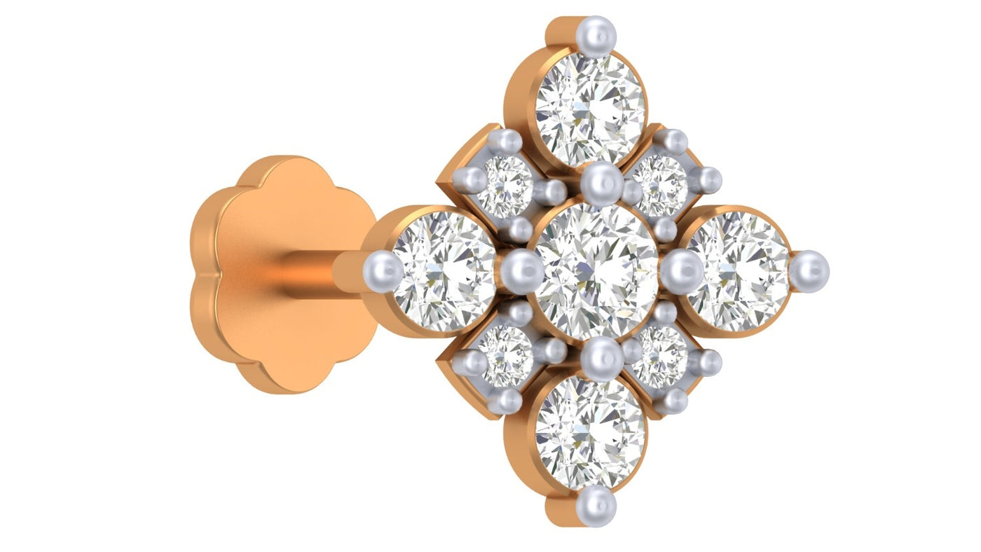 yellow gold and diamond stud nose pin on a white background