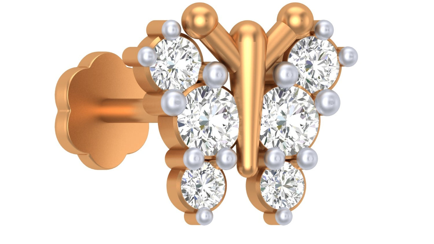 Yellow gold and diamond stud nose pin butterfly-shaped with clear gemstones on a white background