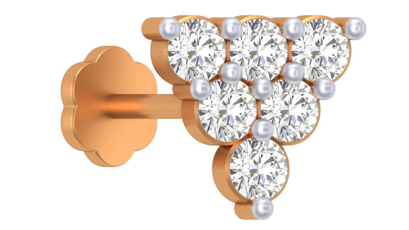 yellow gold and diamond stud nose pin triangle-shaped on a white background