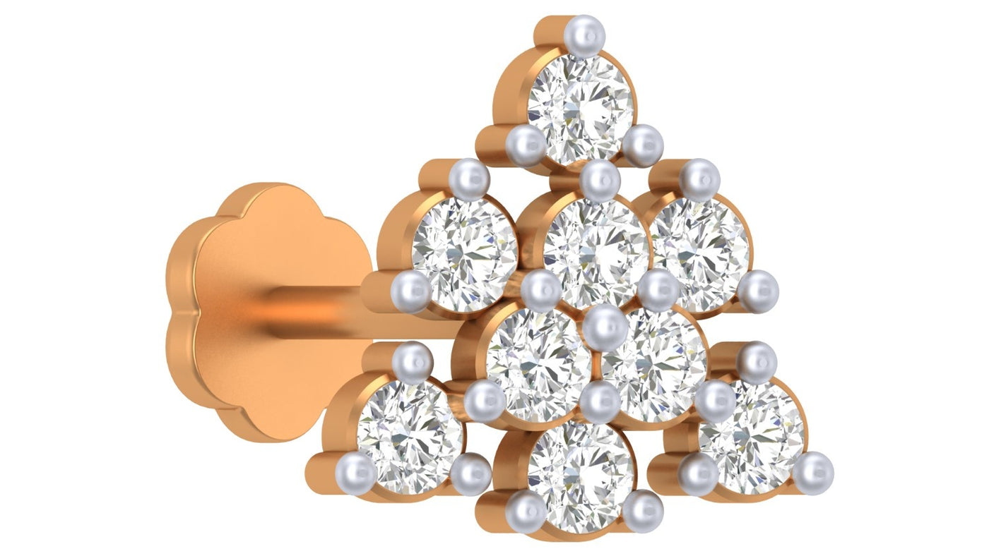 Yellow gold and diamond stud nose pin with clear gemstones on a white background