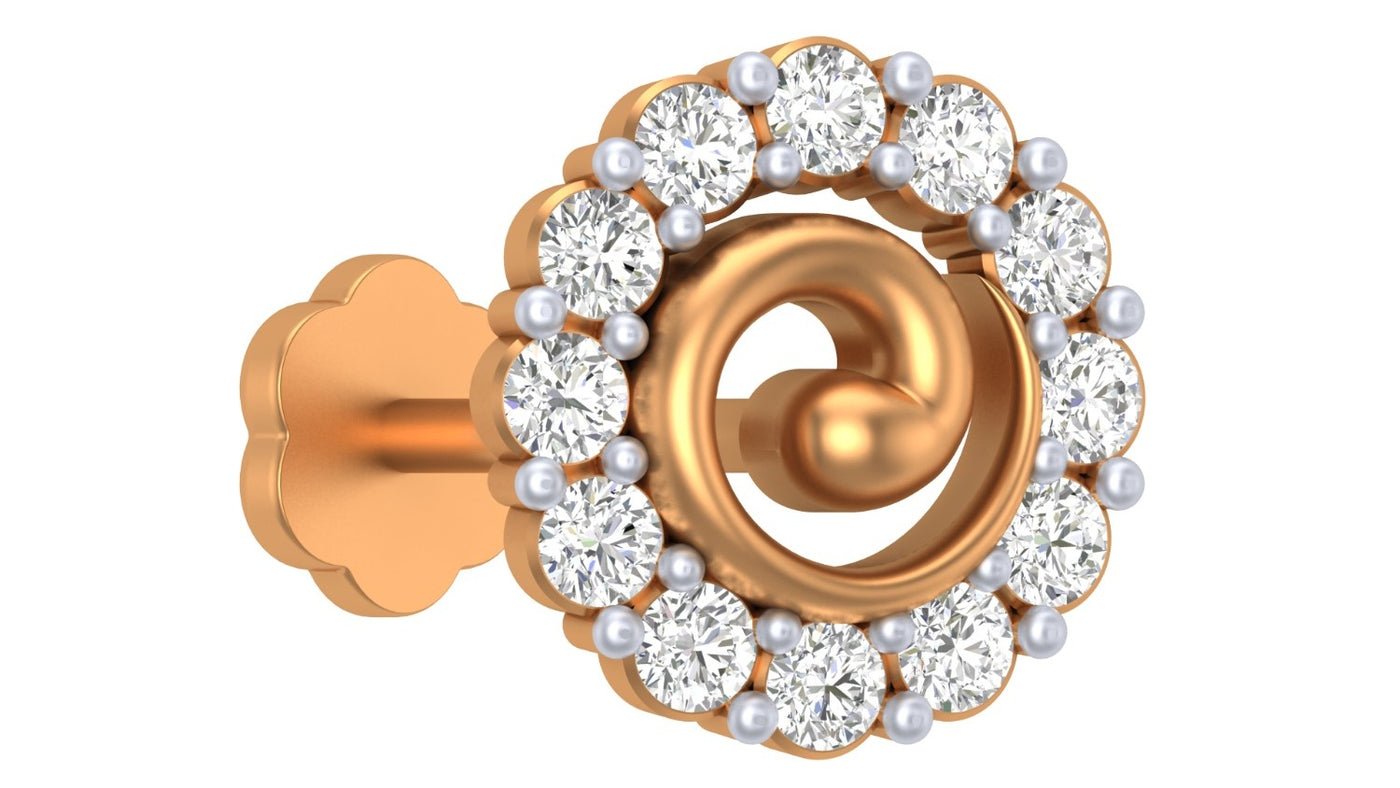 yellow gold and diamond stud nose pin on a white background