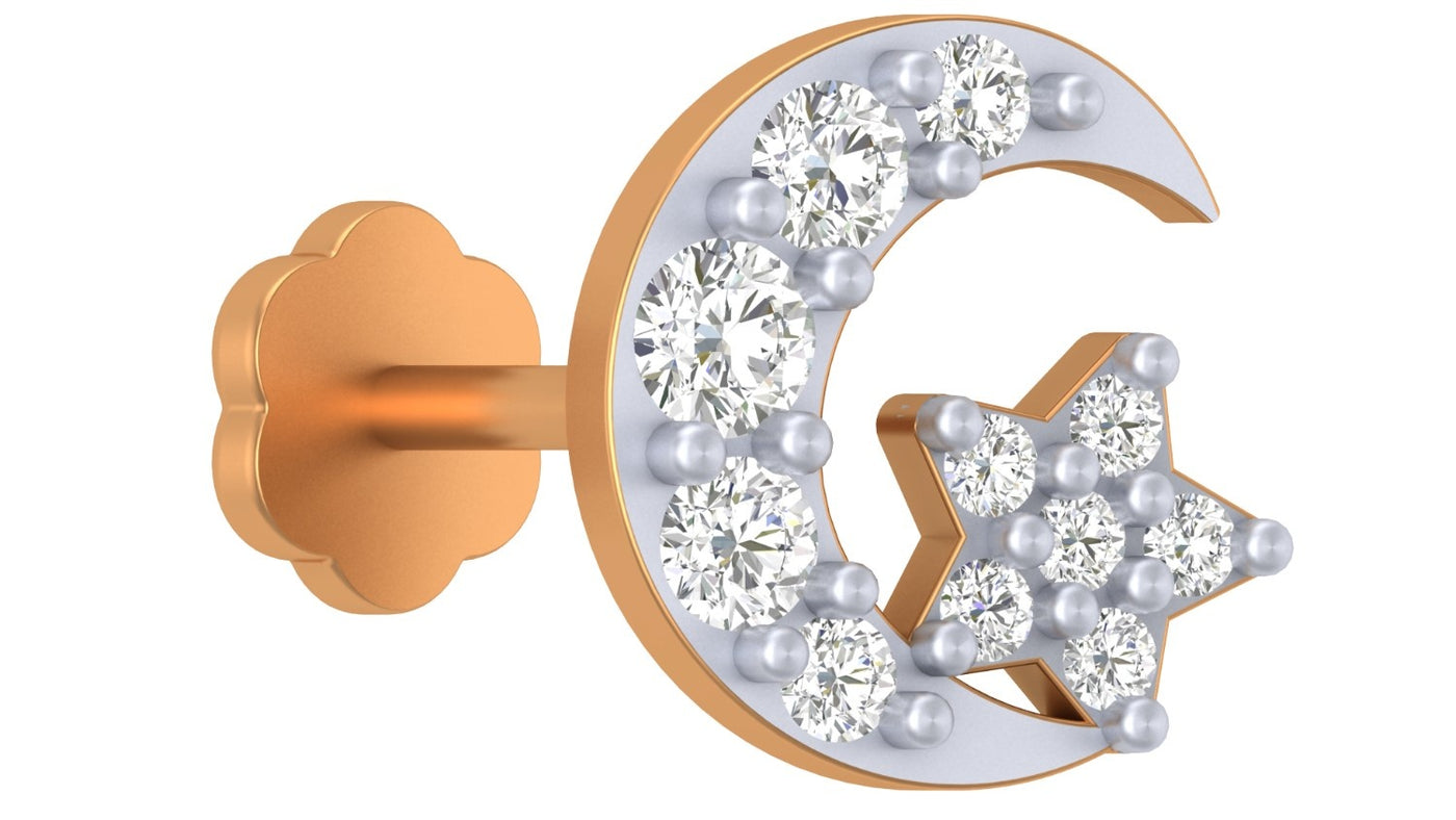 yellow Gold and diamond stud nose pin with moon and star design on a white background