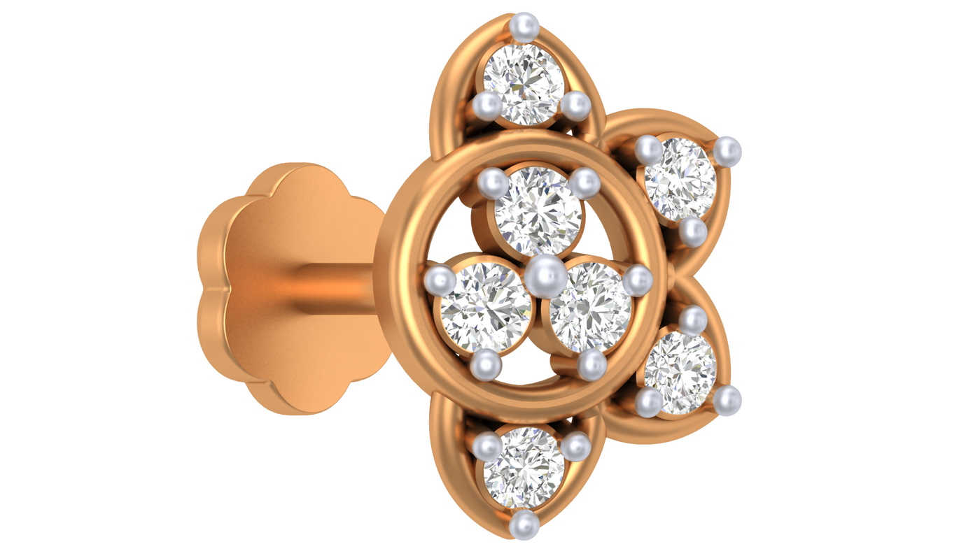 Yellow gold and diamond stud nose pin-like stones on a white background