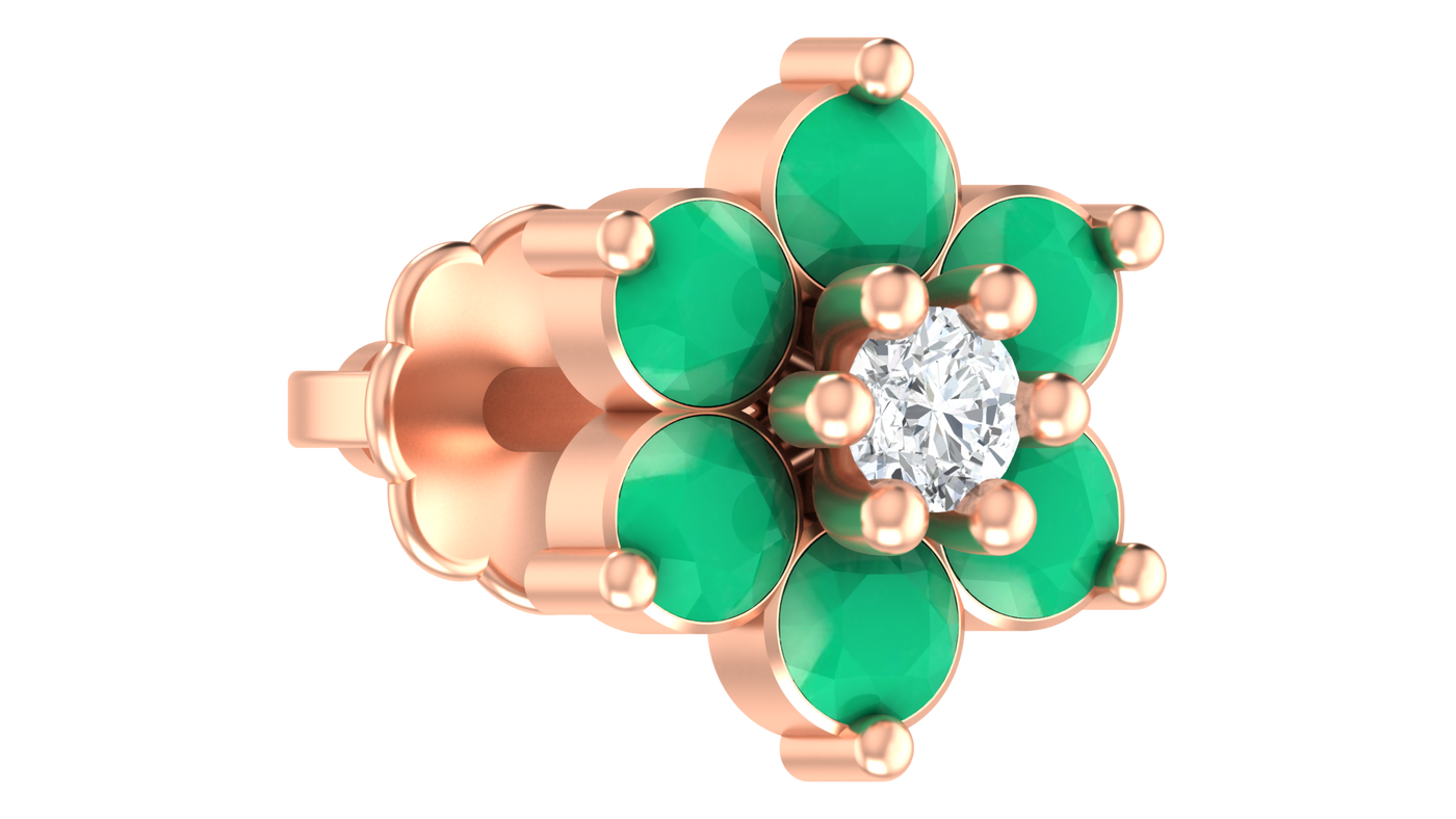Rose Gold and diamond stud nose pin green gemstones and a diamond on a white background