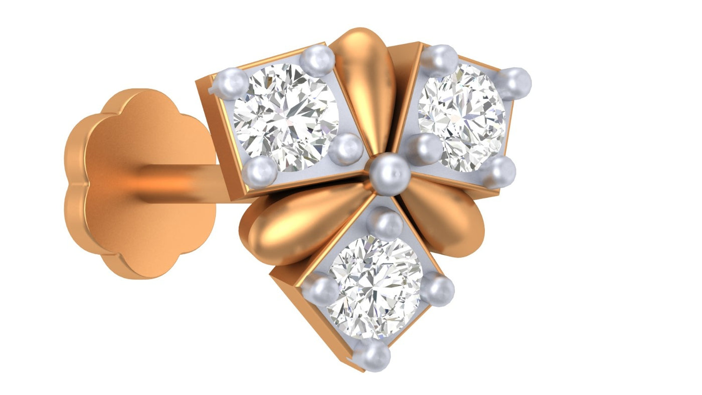 yellow gold and diamond stud nose pin on a white background