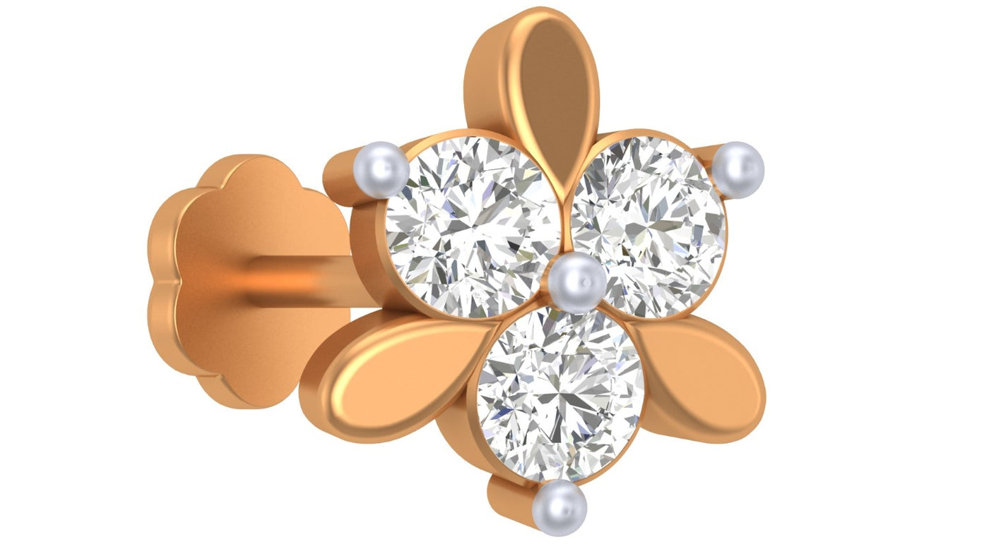 Yellow gold and diamond stud nose pin on a white background