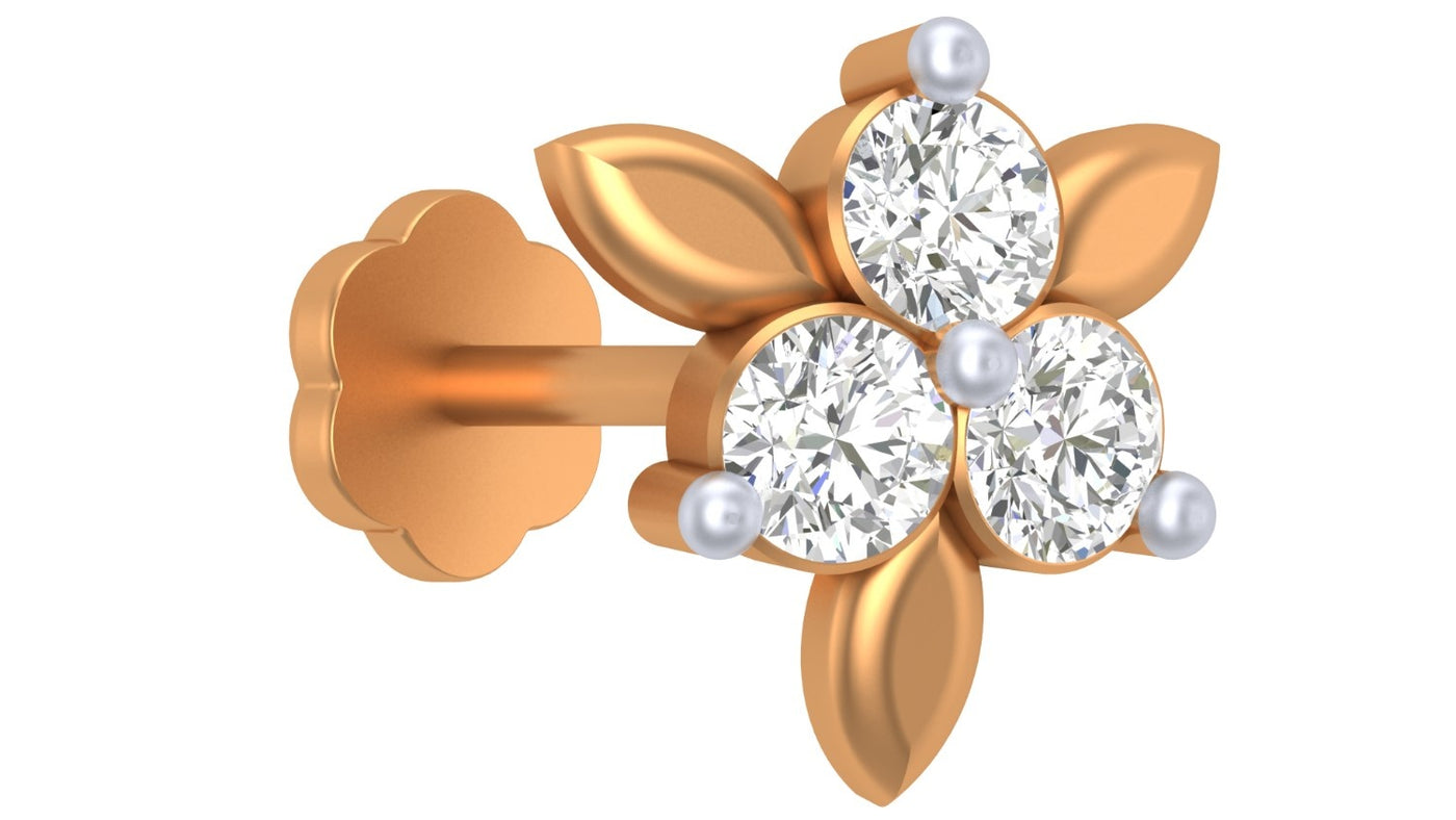 Yellow gold and diamond stud nose pin on a white background