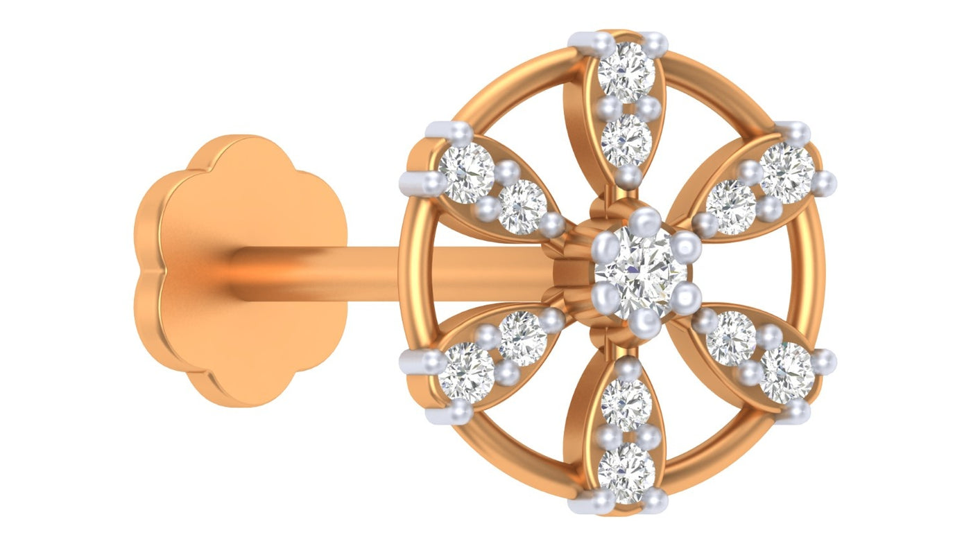 Yellow Gold and diamond stud nose pin accents on a white background