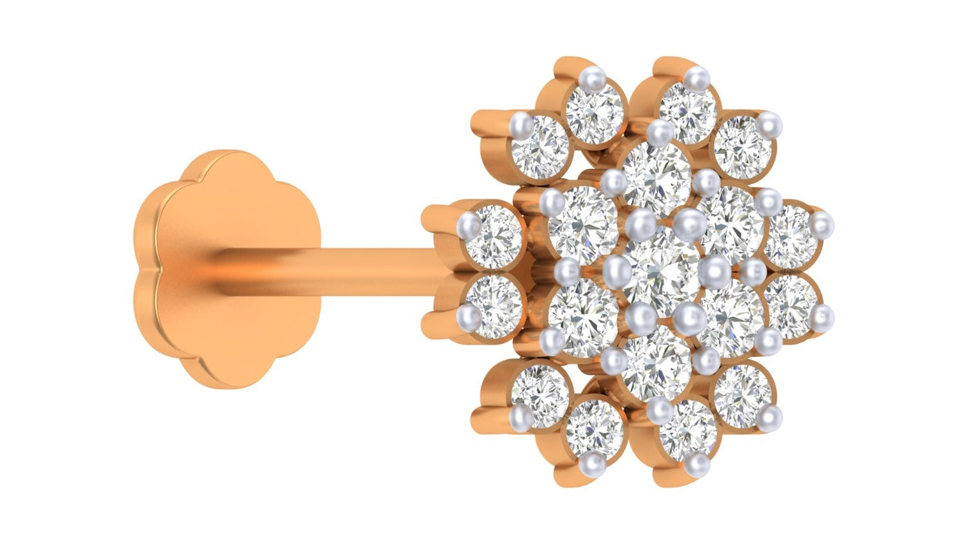 yellow gold and diamond stud nose pin with clear stones on a white background