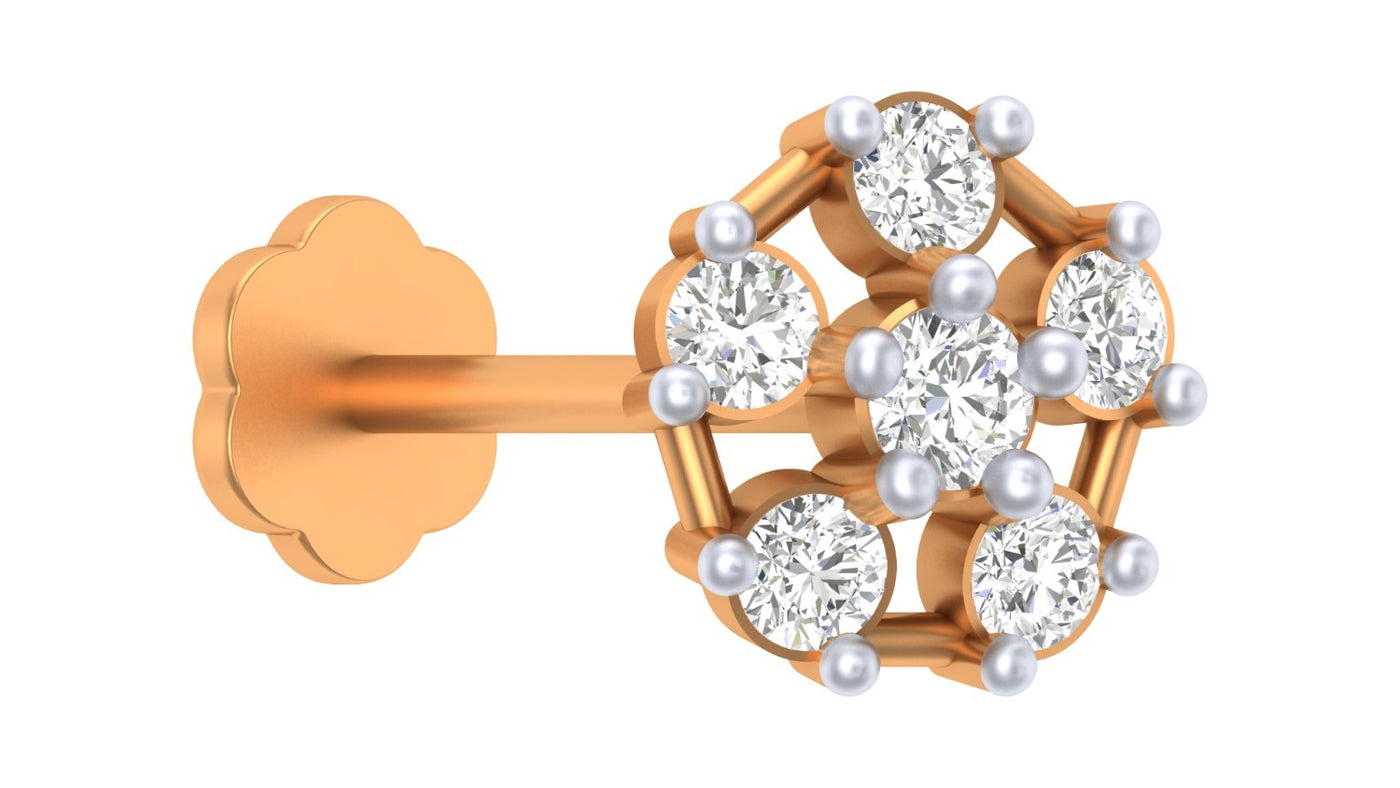 A yellow gold and diamond stud nose pin, featuring seven round-cut clear gemstones arranged in a geometric pattern, shown on a plain white background.