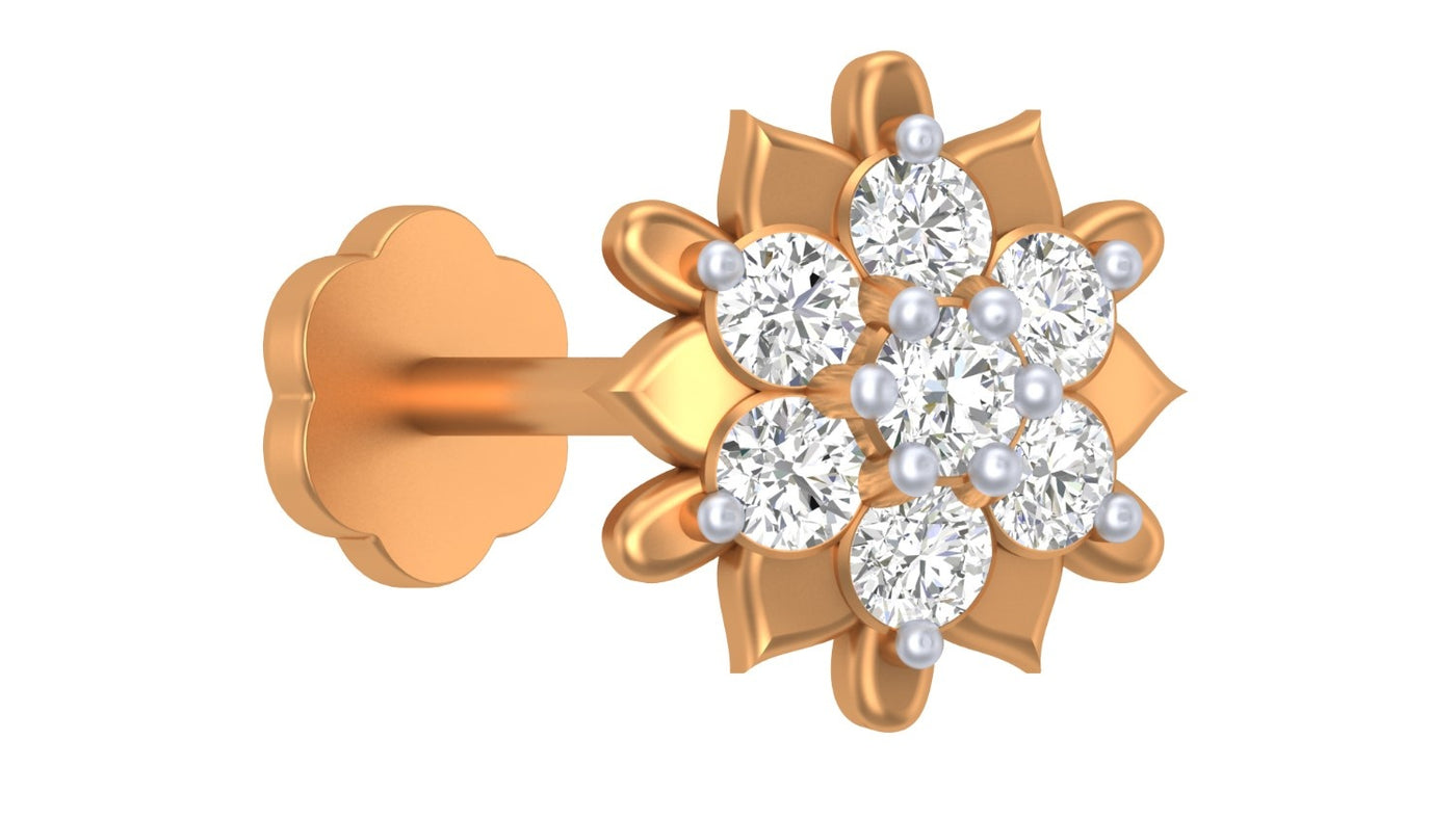 yellow gold and diamond stud nose pin with diamond-like stones on a white background
