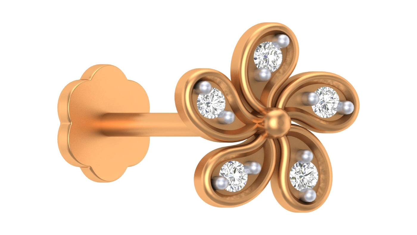 Yellow gold five-petal flower nose pin with sparkling diamond accents on each petal.