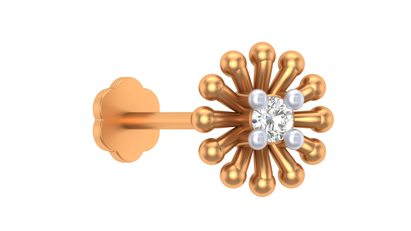 Yellow gold and diamond stud nose pin with a central diamond and smaller pearls on a white background