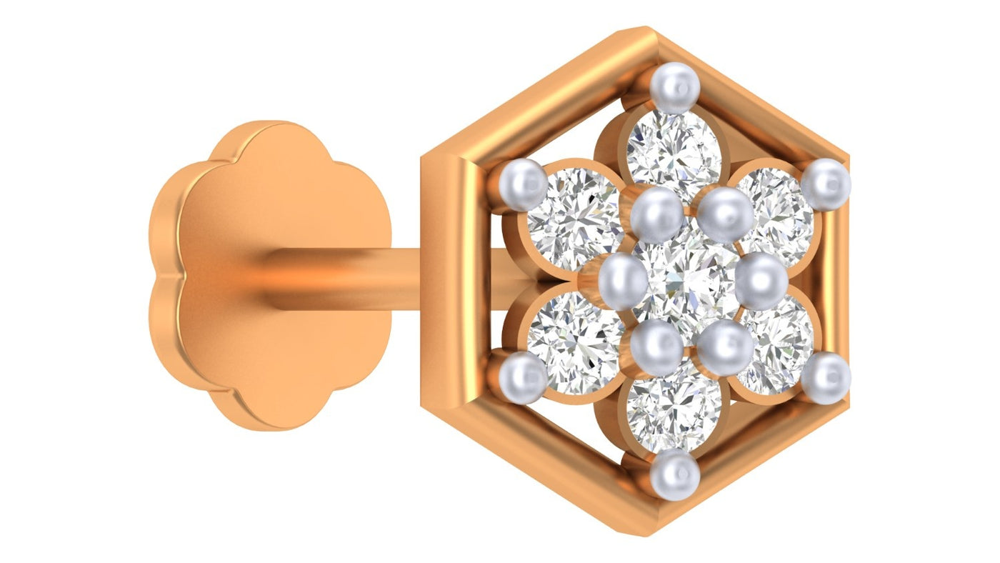 Hexagon-shaped yellow gold and diamond nose pin featuring a floral diamond cluster with elegant sparkle.