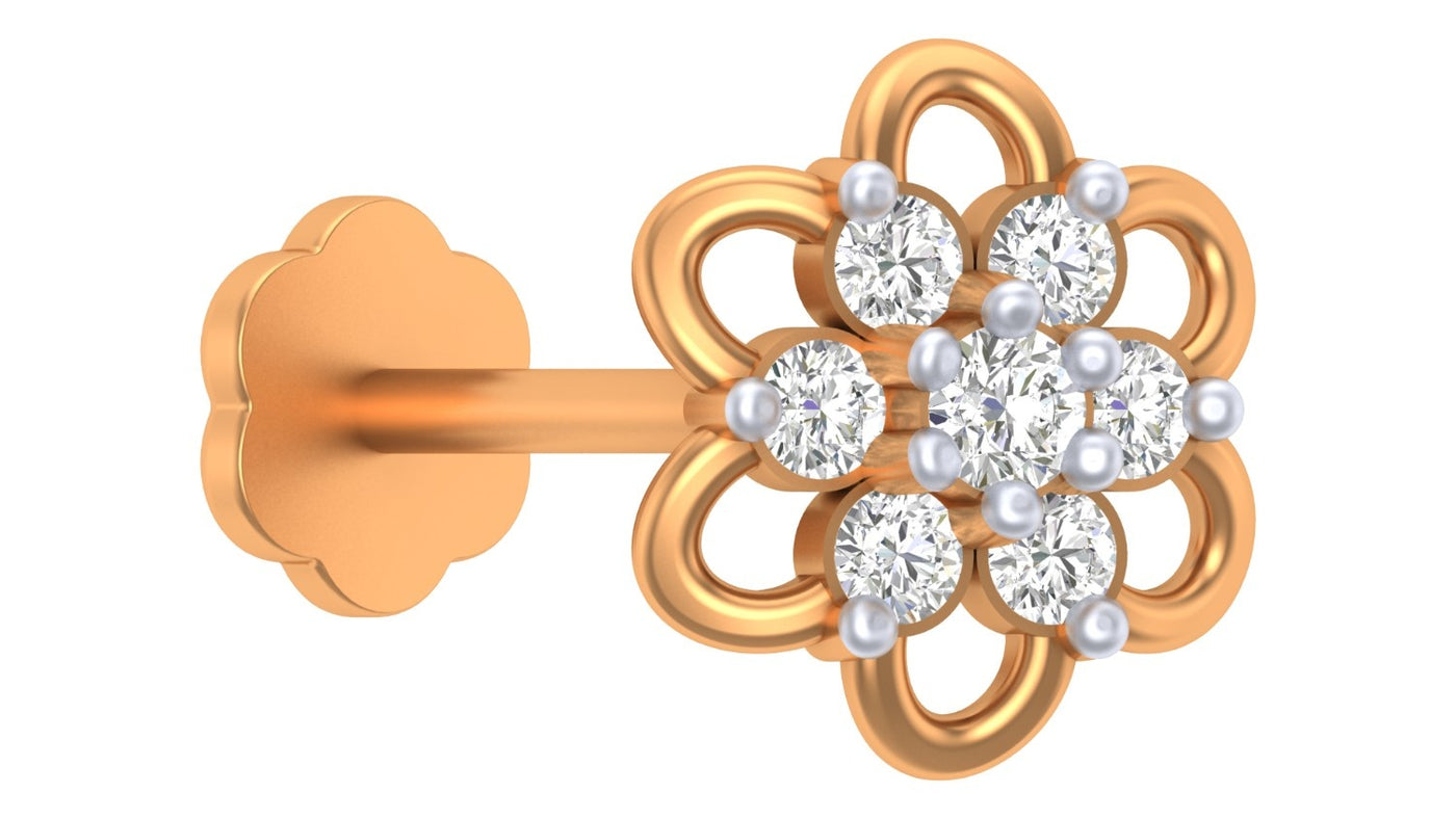 Elegant floral yellow gold and diamond stud nose pin in a delicate flower design.