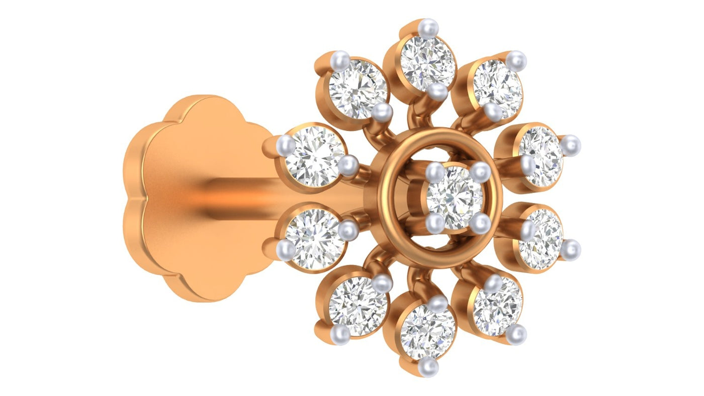 yellow gold and diamond stud nose pin with clear gemstones on a white background