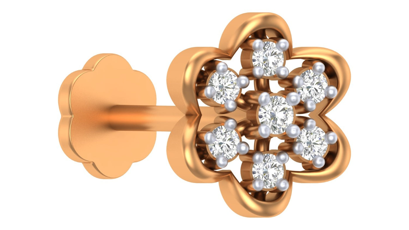 yellow gold and diamond stud nose pin on a white background