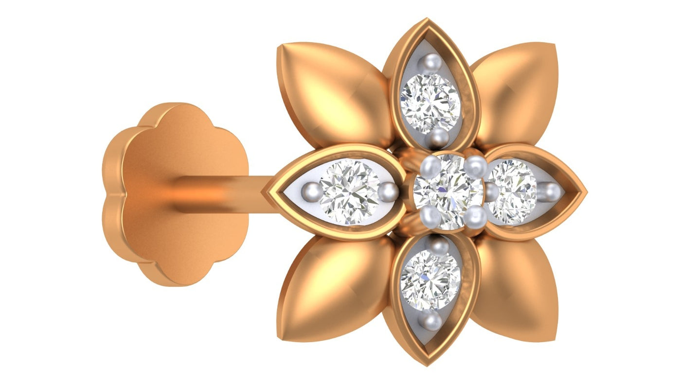 yellow gold and diamond stud nose pin on a white background