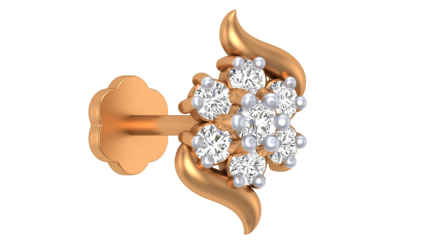 yellow gold and diamond stud nose pin with floral design on a white background