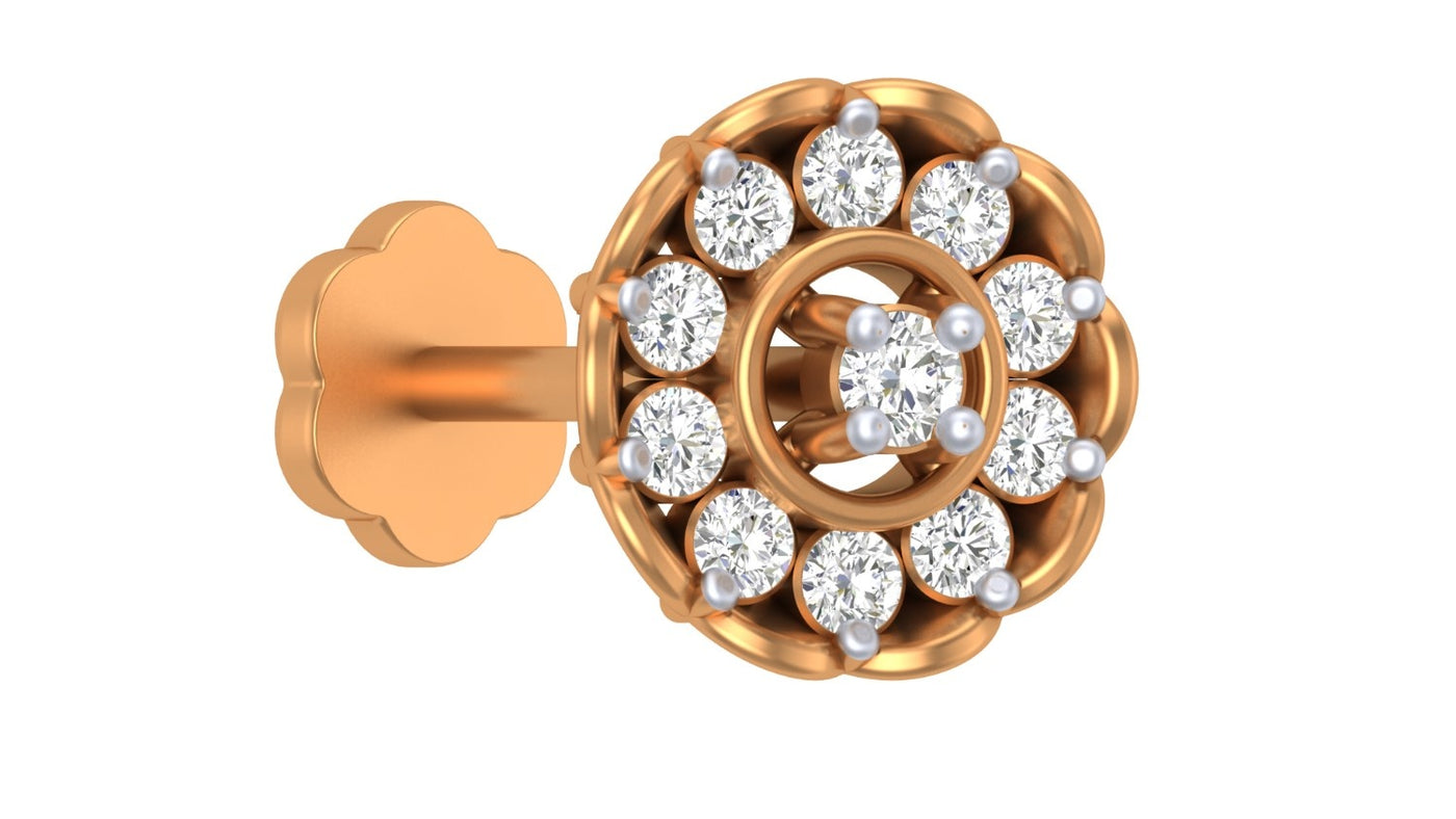 yellow gold and diamond stud nose pin with a circular design on a white background