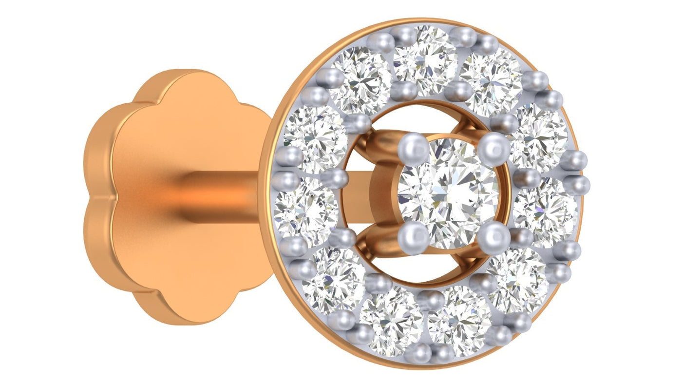 yellow gold and diamond stud nose pin on a white background