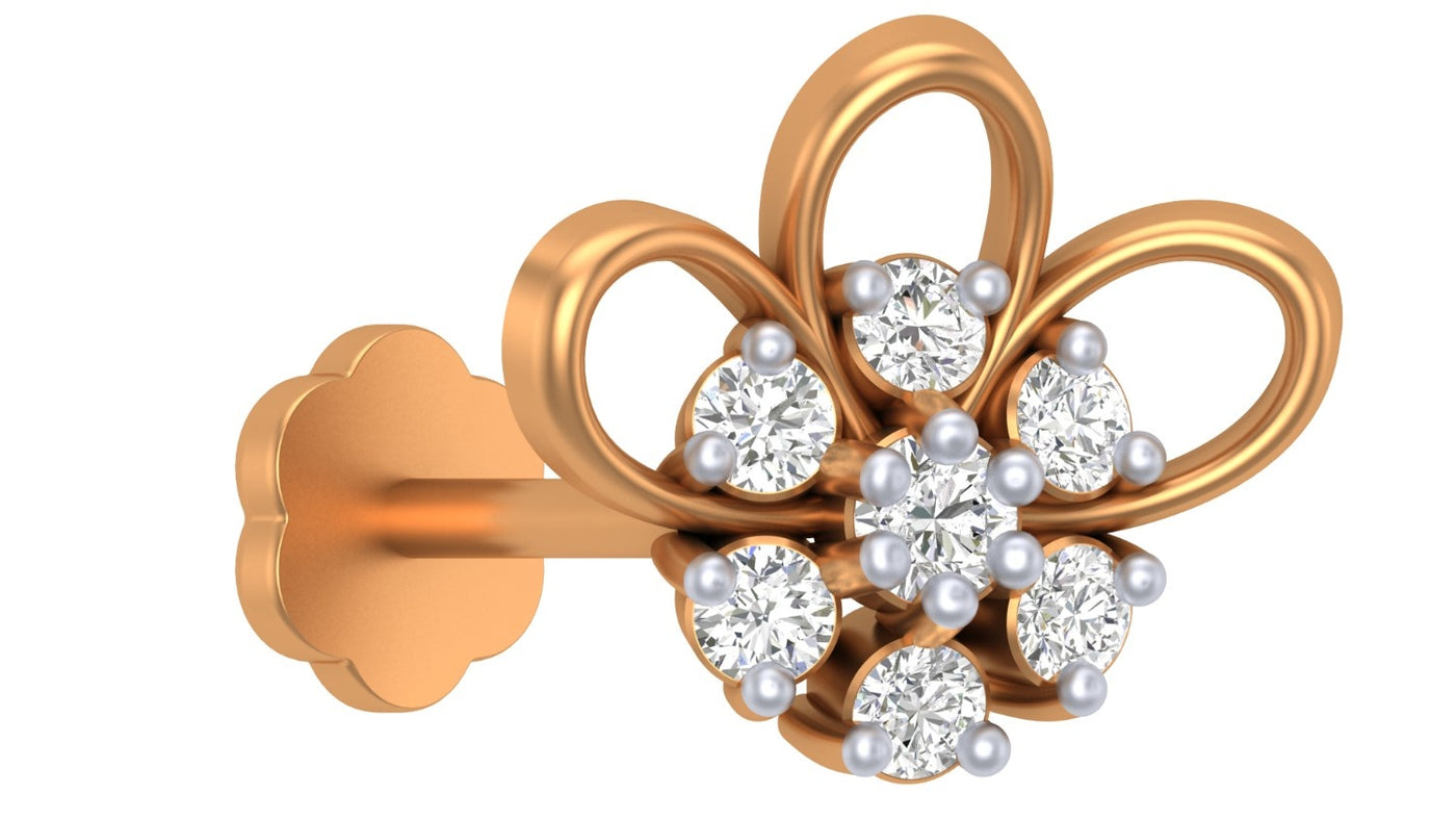 yellow gold and diamond stud nose pin with floral design on a white background