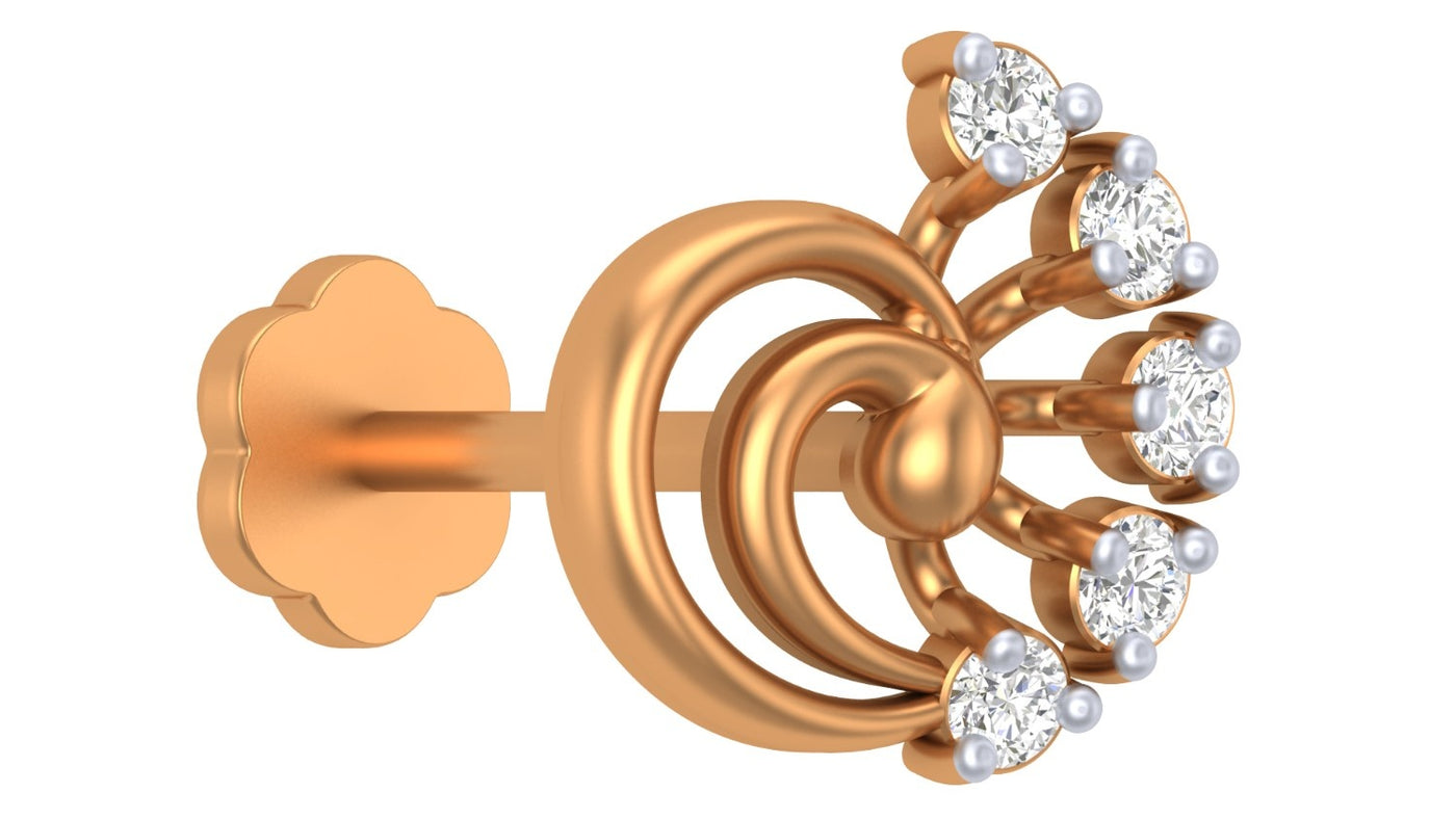 yellow gold and diamond stud nose pin with floral design on a white background