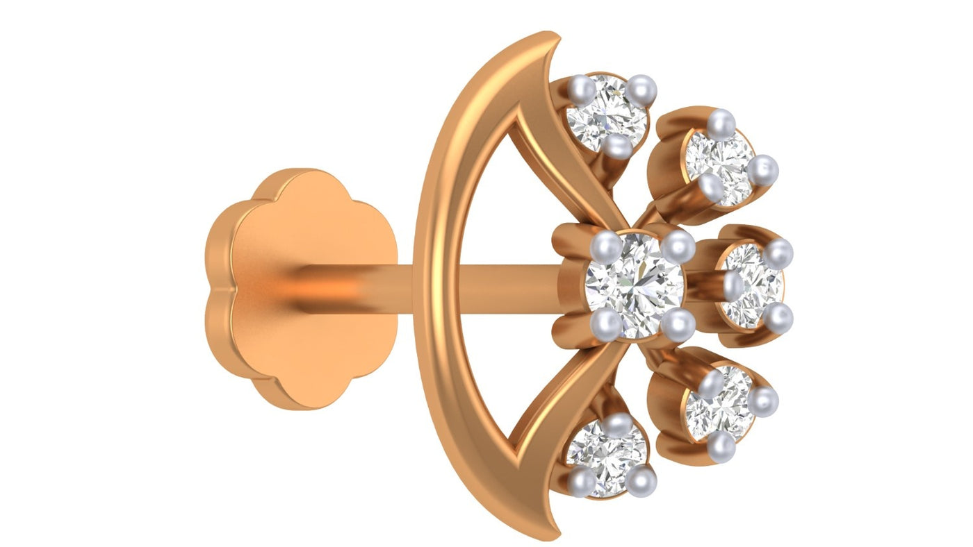 yellow gold and diamond stud nose pin with diamonds on a white background