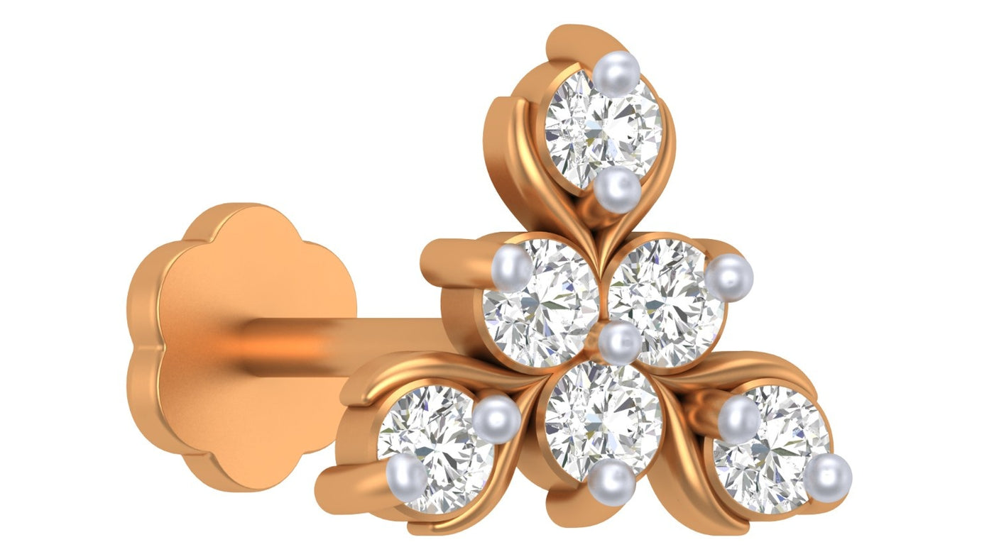 yellow gold and diamond stud nose pin on a white background