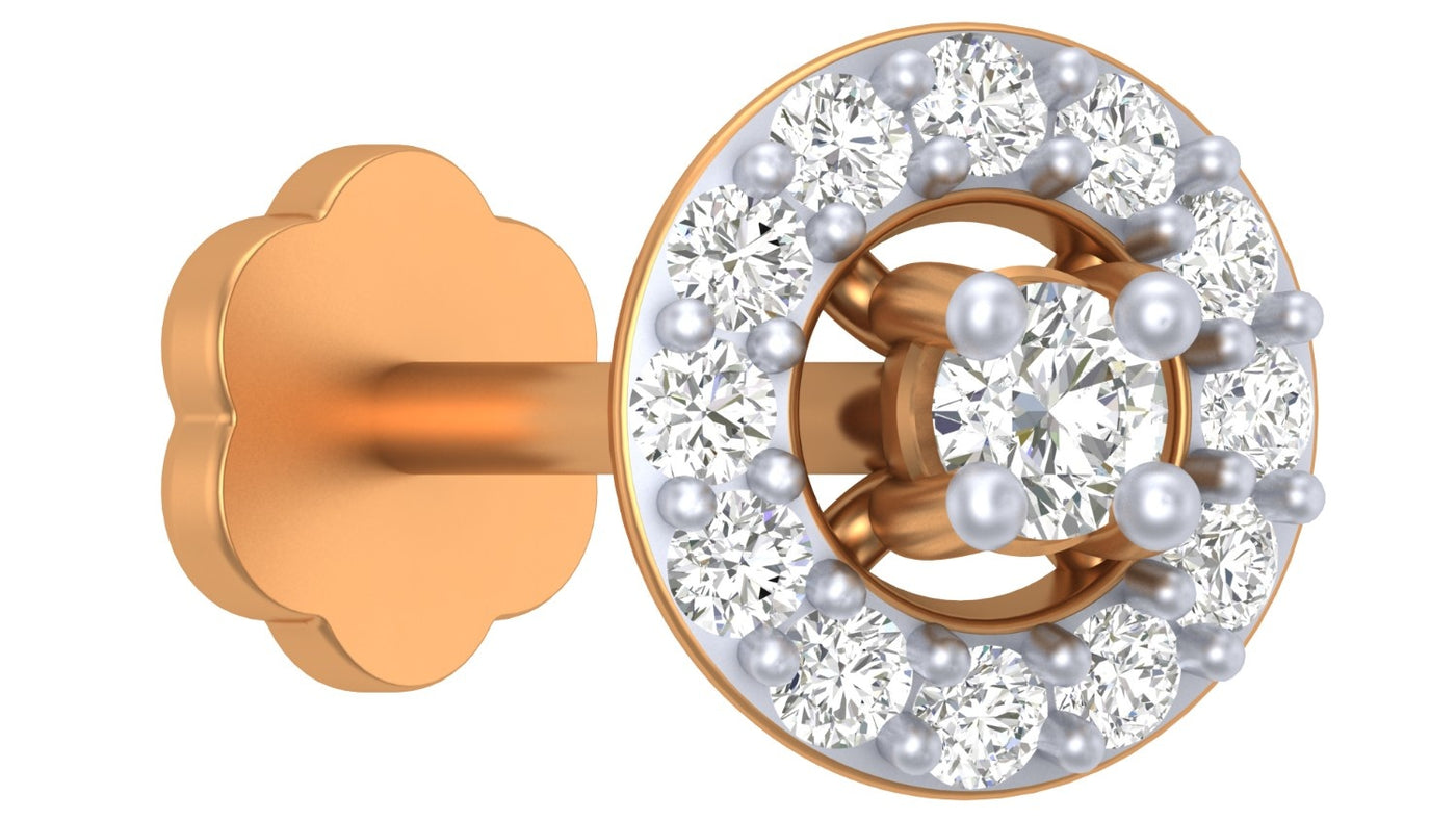 Yellow gold and diamond stud nose pin on a white background