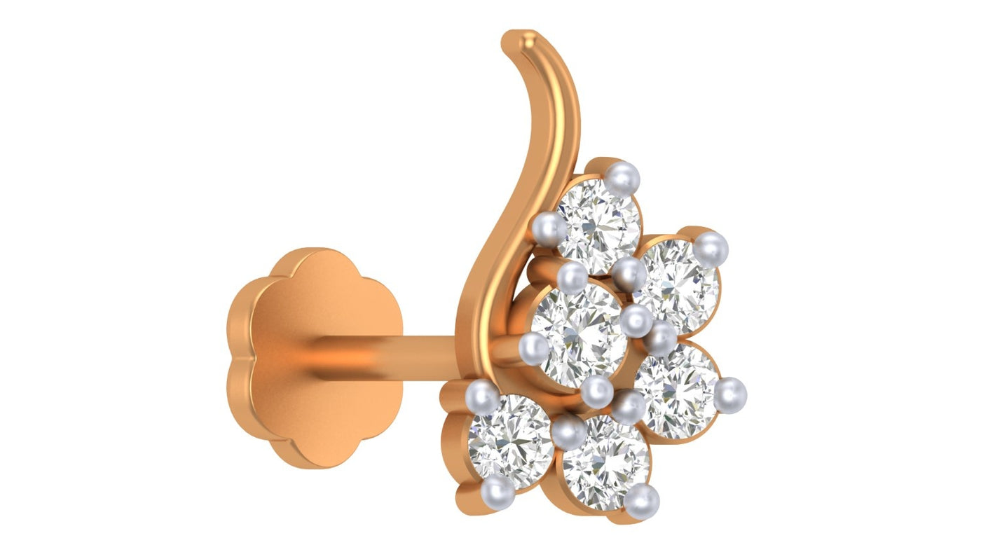 yellow gold and diamond stud nose pin on a white background