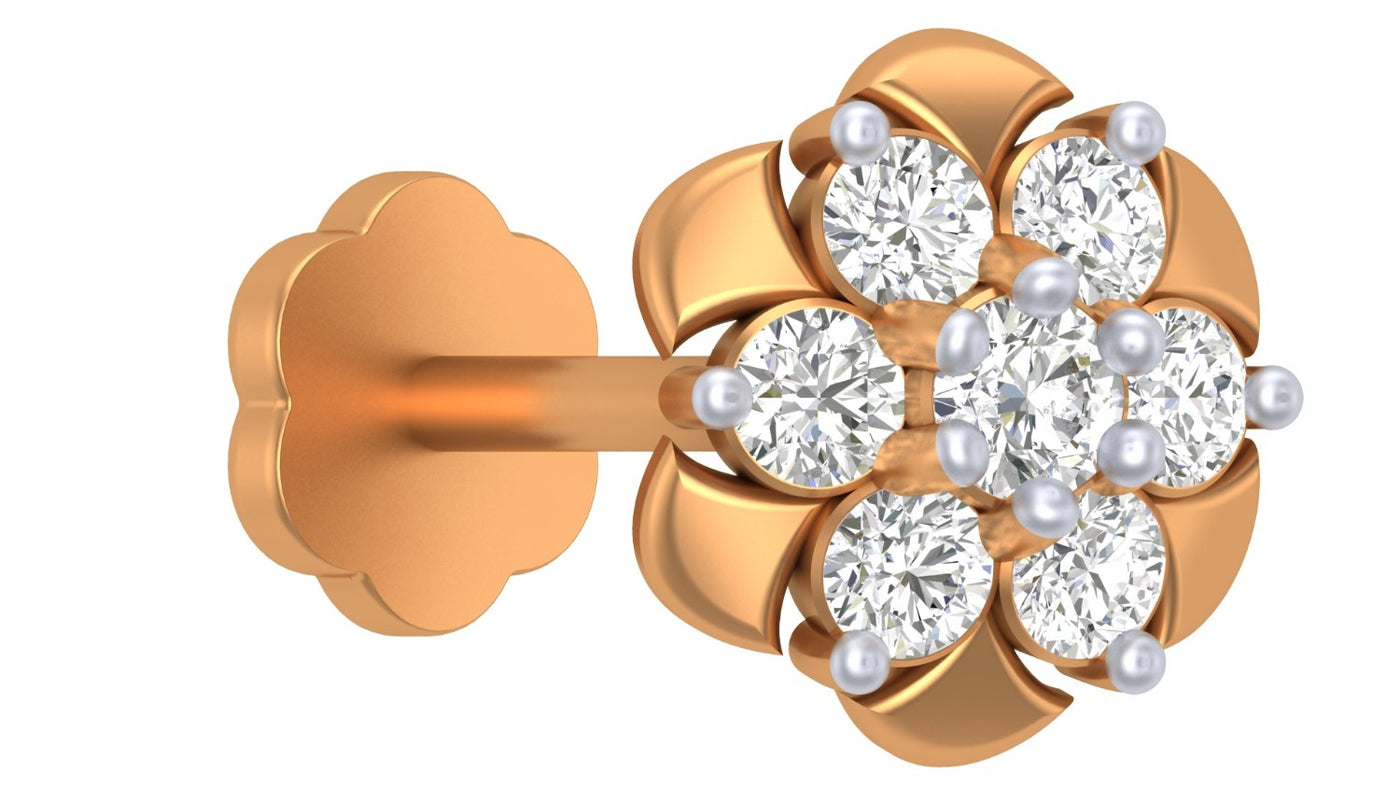 yellow gold and diamond stud nose pin with clear gemstones on a white background