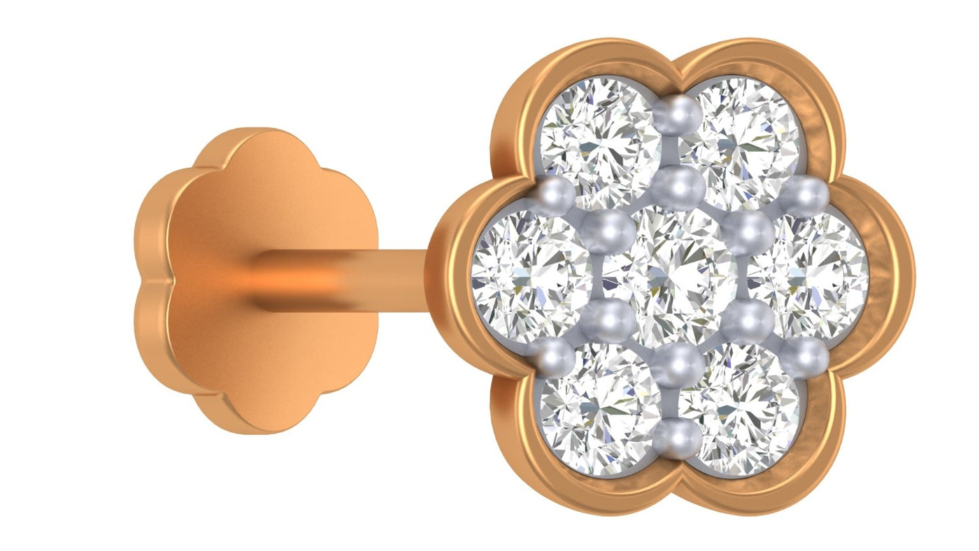 yellow gold and diamond stud nose pin with diamond accents on a white background