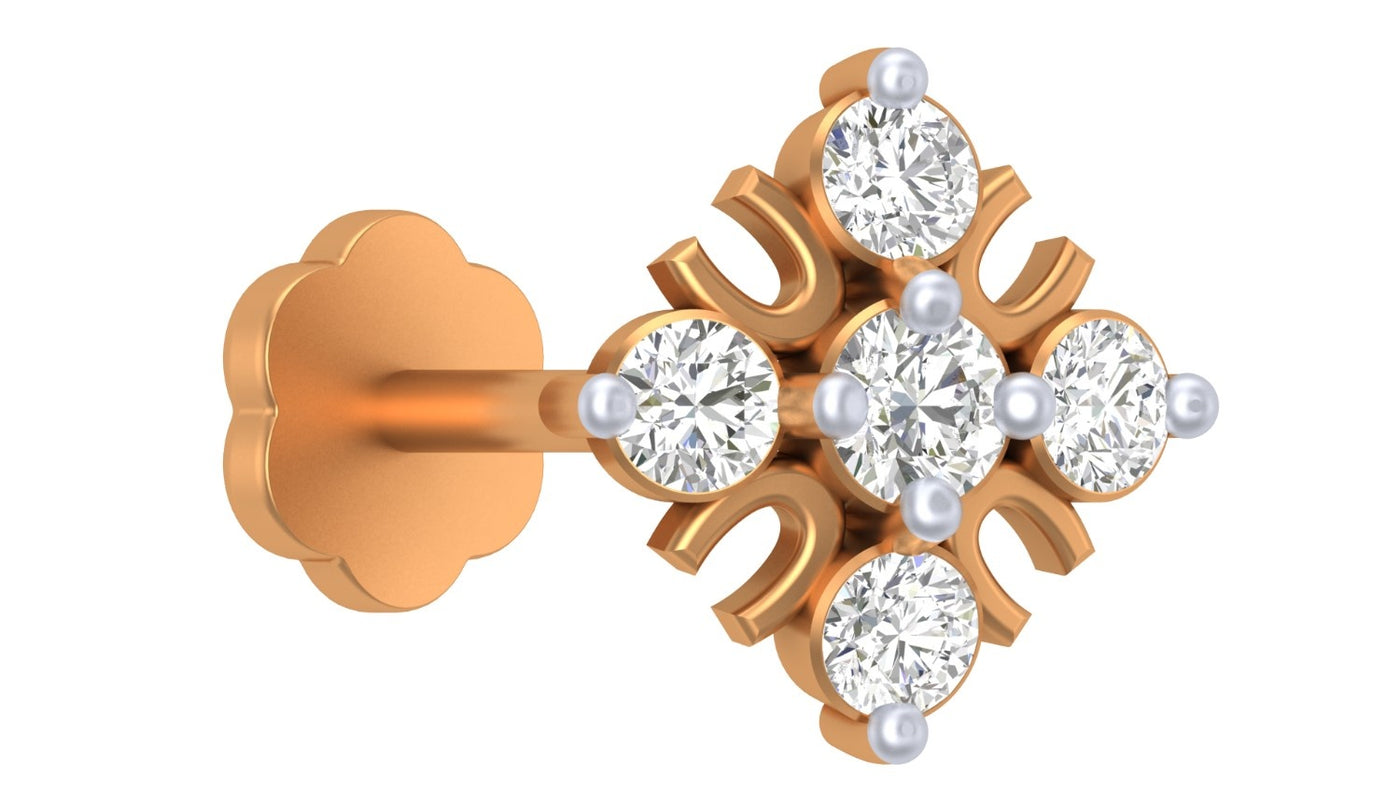 yellow gold and diamond stud nose pin on a white background