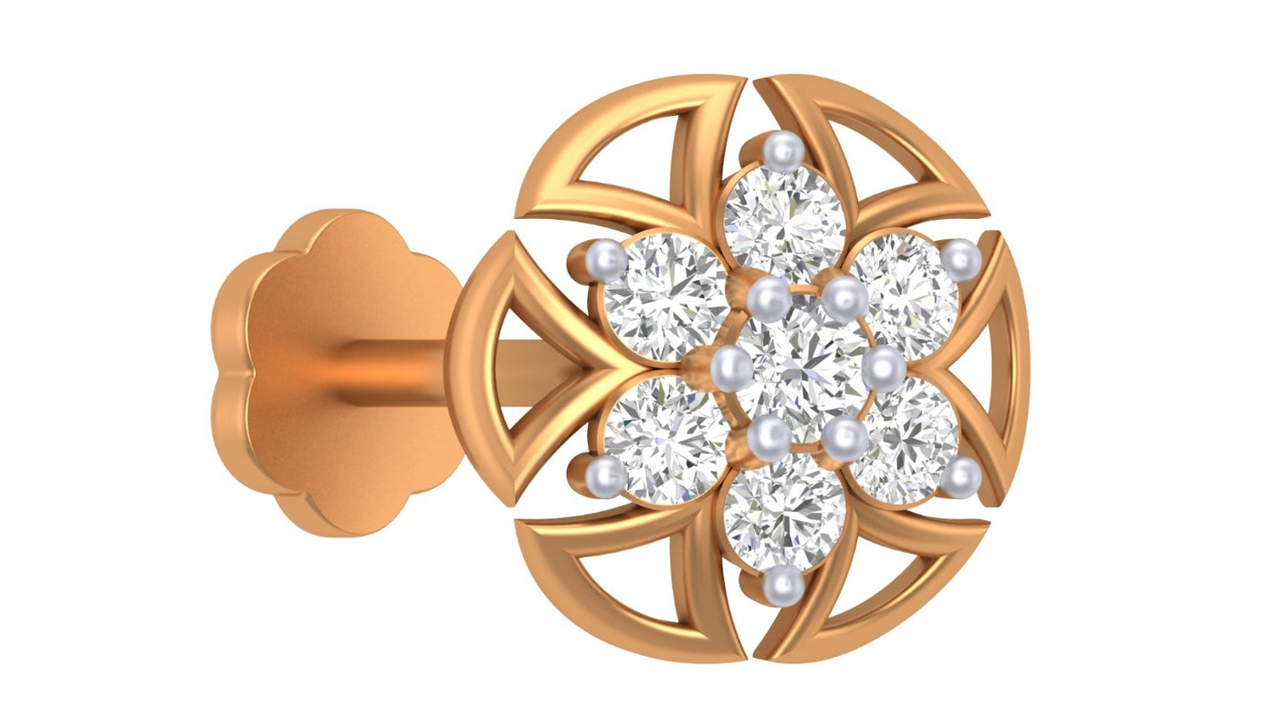 yellow gold and diamond stud nose pin with diamond-like stones on a white background