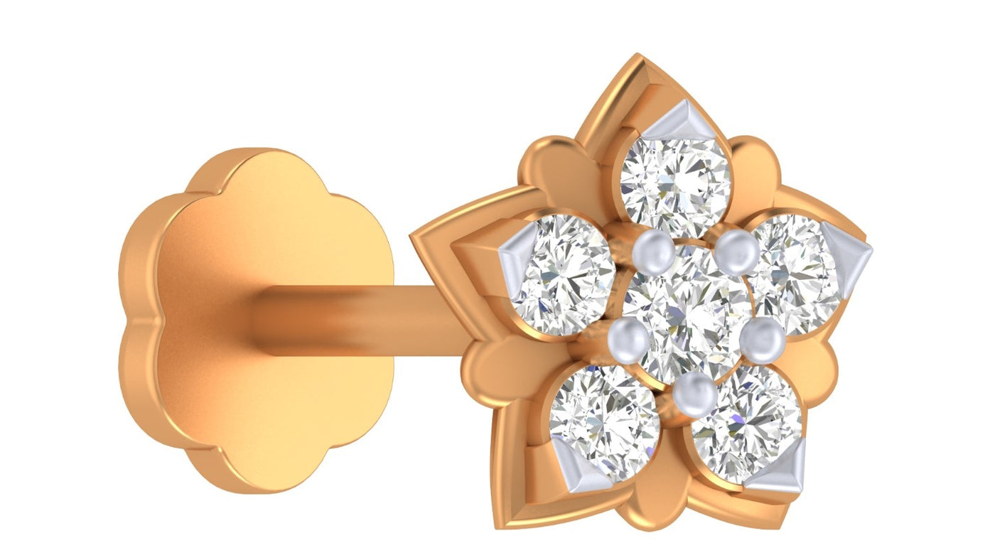 yellow gold and diamond stud nose pin on a white background