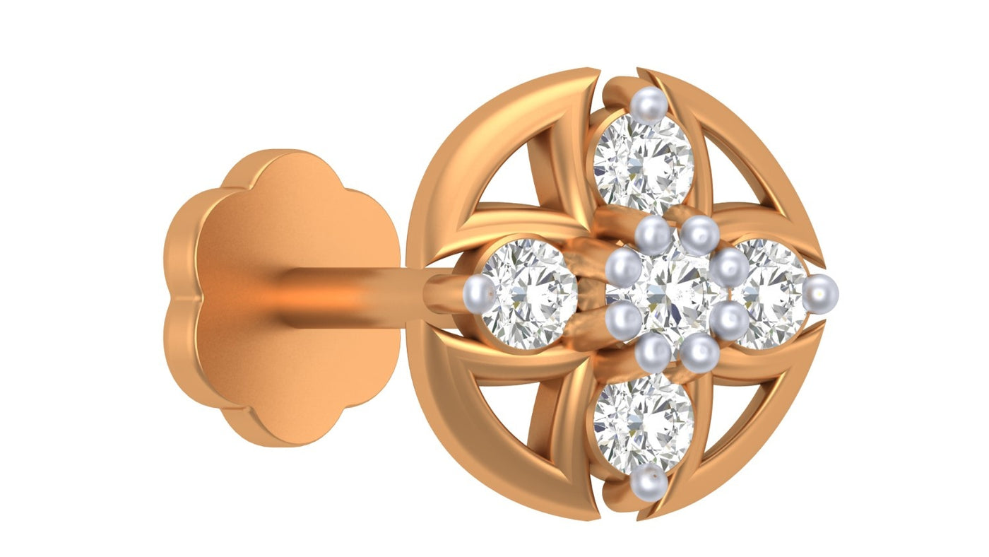 yellow gold and diamond stud nose pin on a white background