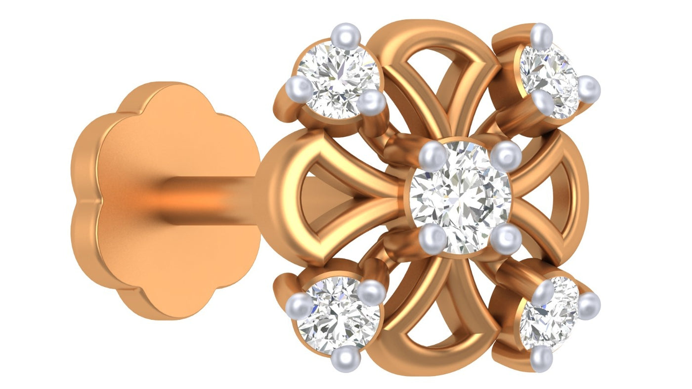 yellow gold and diamond stud nose pin with diamond accents on a white background